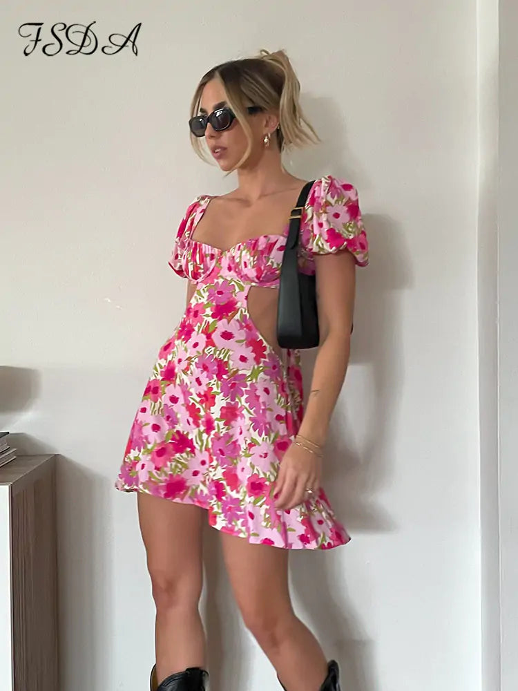 Hollow-Out Floral Mini-Dress