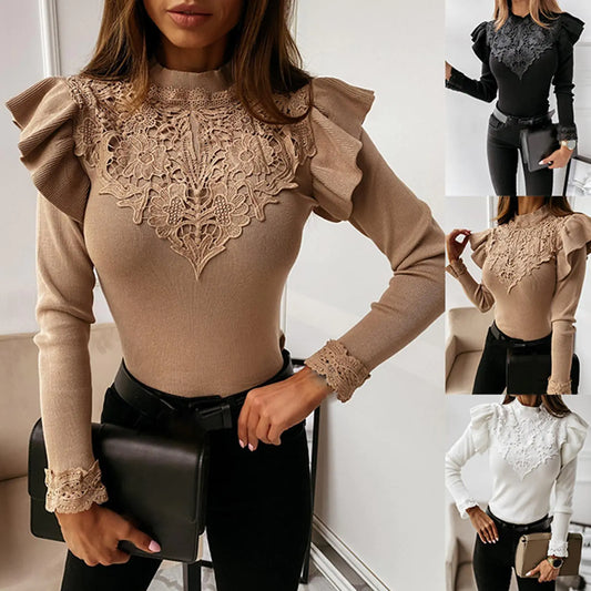 Long-Sleeve Ruffle Lace Blouse