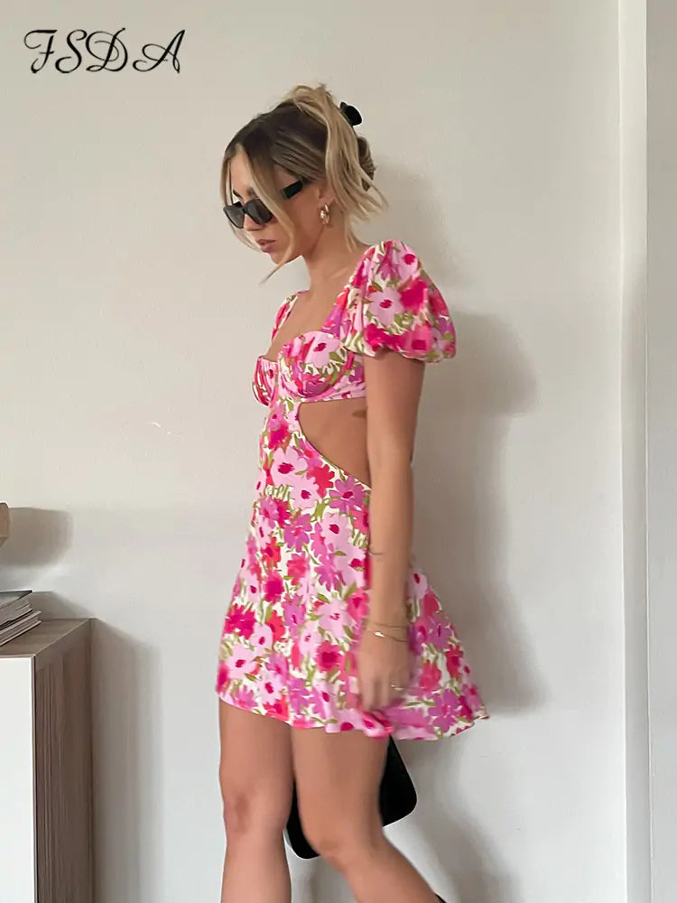 Hollow-Out Floral Mini-Dress